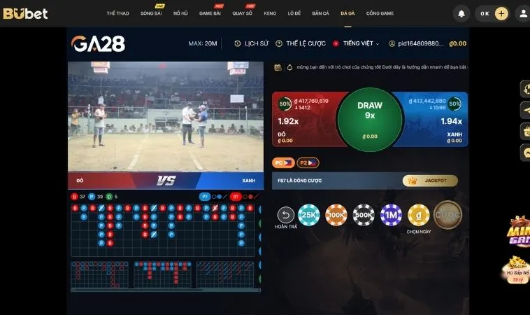 Hướng Dẫn Cách Chơi Đá Gà GA28 Tại BuBet Hấp Dẫn 2 Giao diện đặt cược tại sảnh Đá Gà GA28 tại BuBet