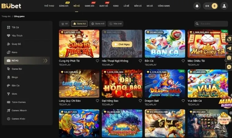 Sảnh nổ hũ BUBET quy tụ đa dạng các thể loại game để trải nghiệm
