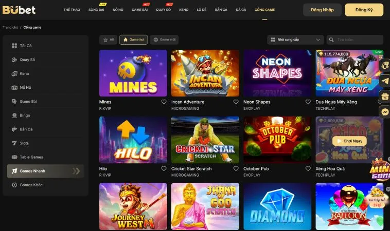 Sảnh game nhanh BUBET quy tụ nhiều thể loại game hấp dẫn